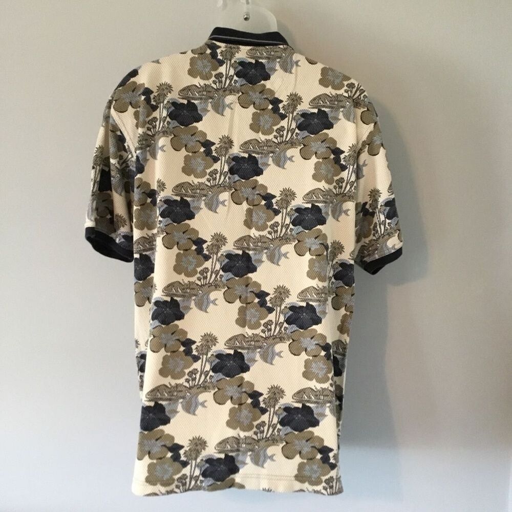 Bugle Boy Men’s Polo Shirt Cream Colored With Blue & Khaki Tropical Print Size L - Picture 3 of 6
